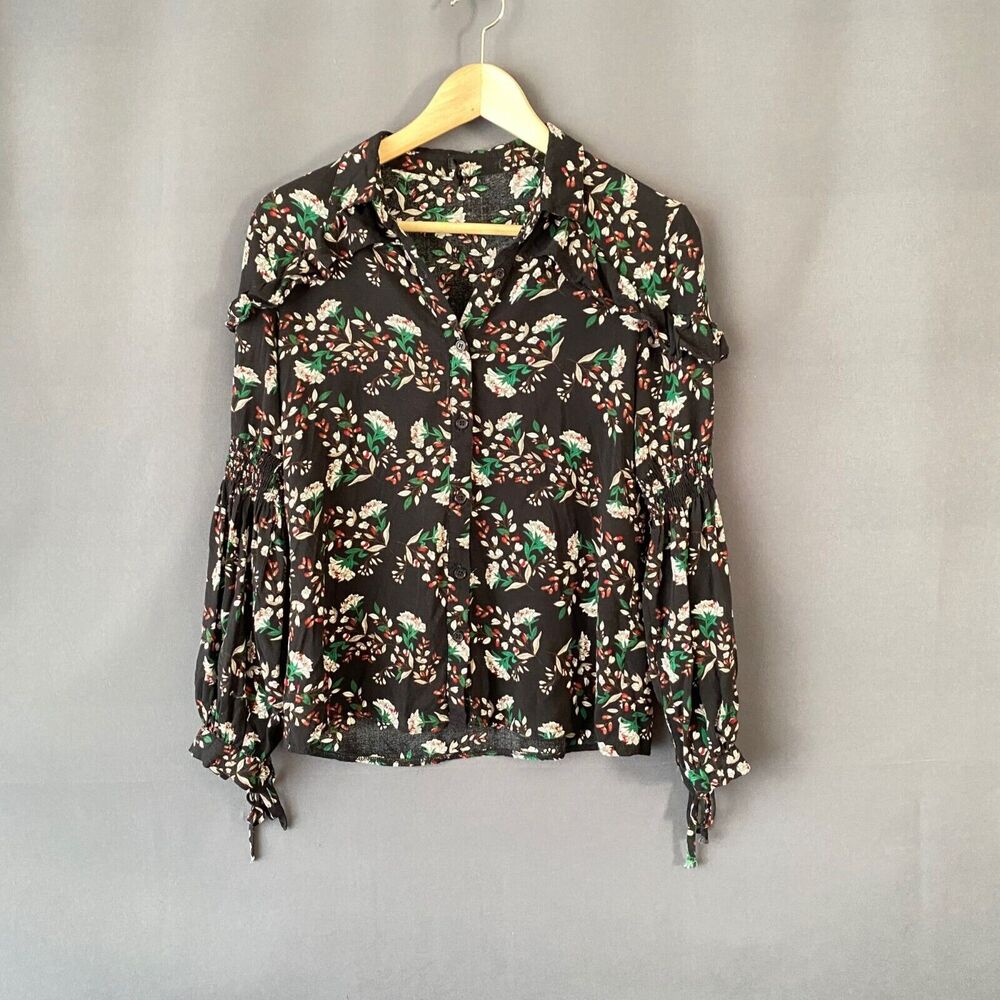 RolyPoly Small Black Floral Blouse Elastic Arm Cuff Wrist Ties Button Down Boho